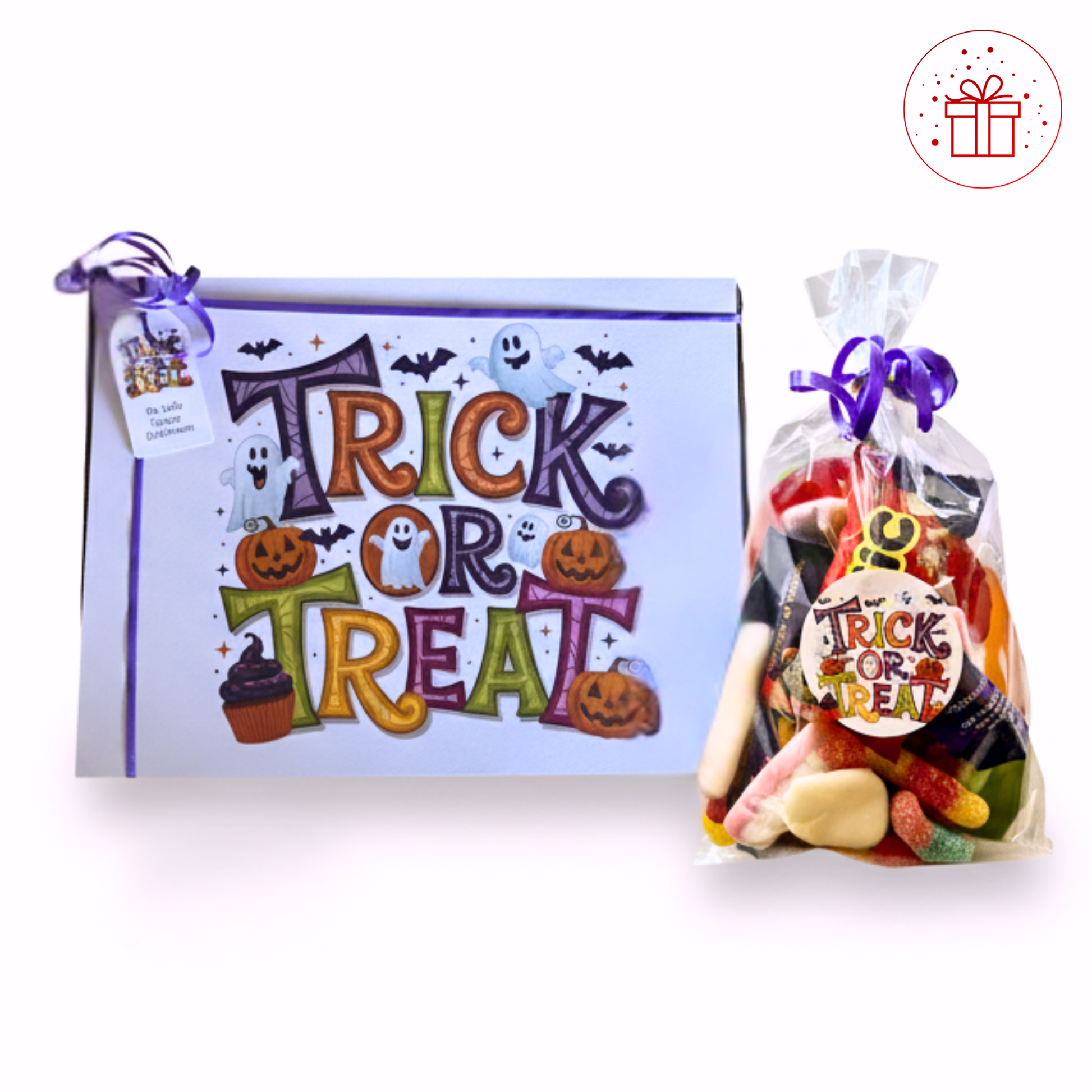 Halloween-themed gift set with a box and bag of candy on a white background