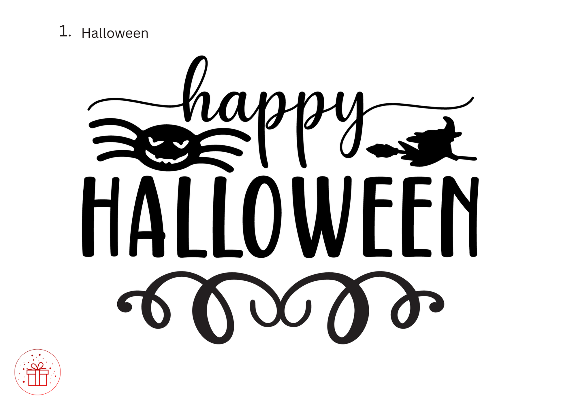 Black 'Happy Halloween' text with decorative elements on a white background
