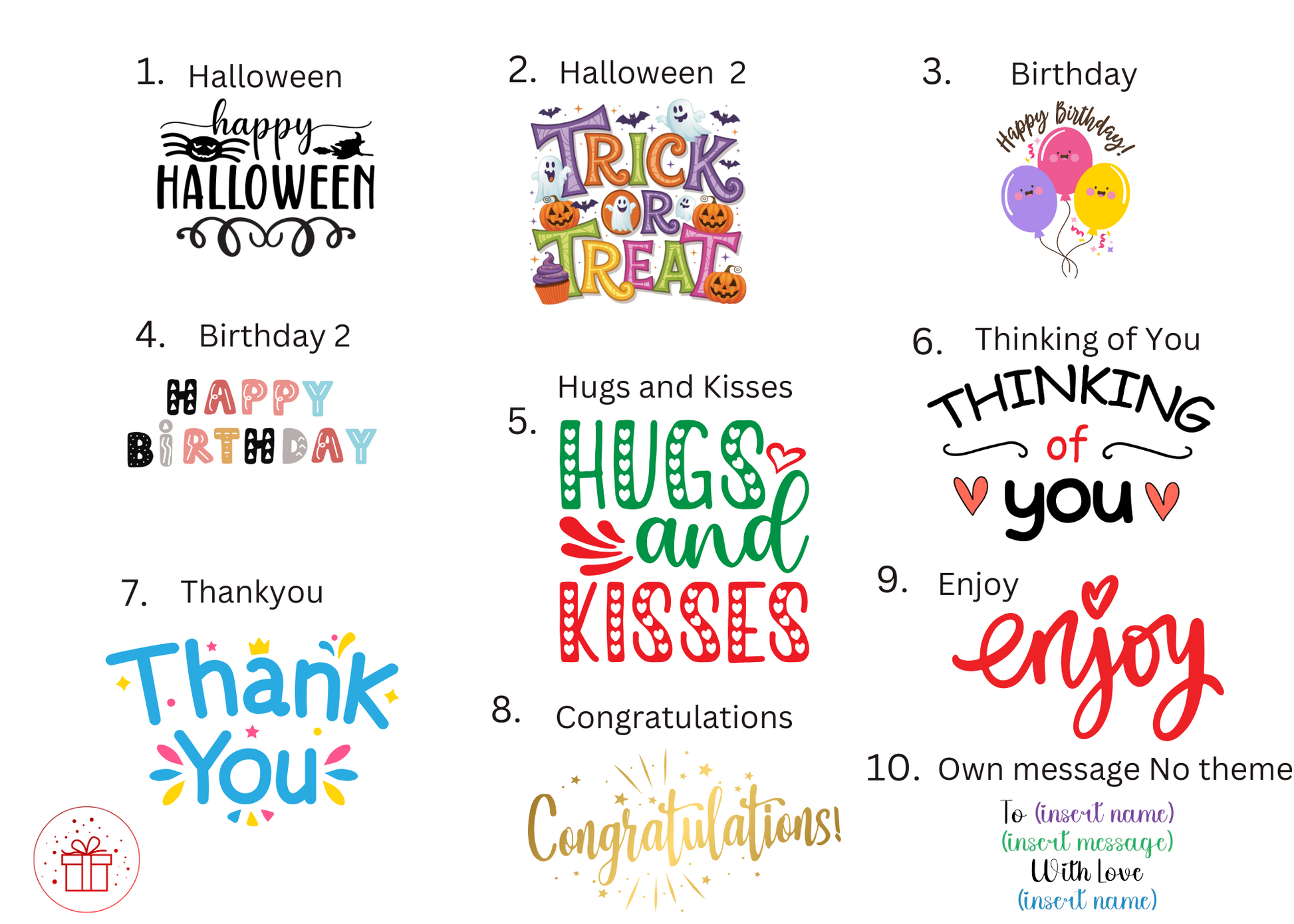 Collection of various greeting text designs for different occasions on a white background.