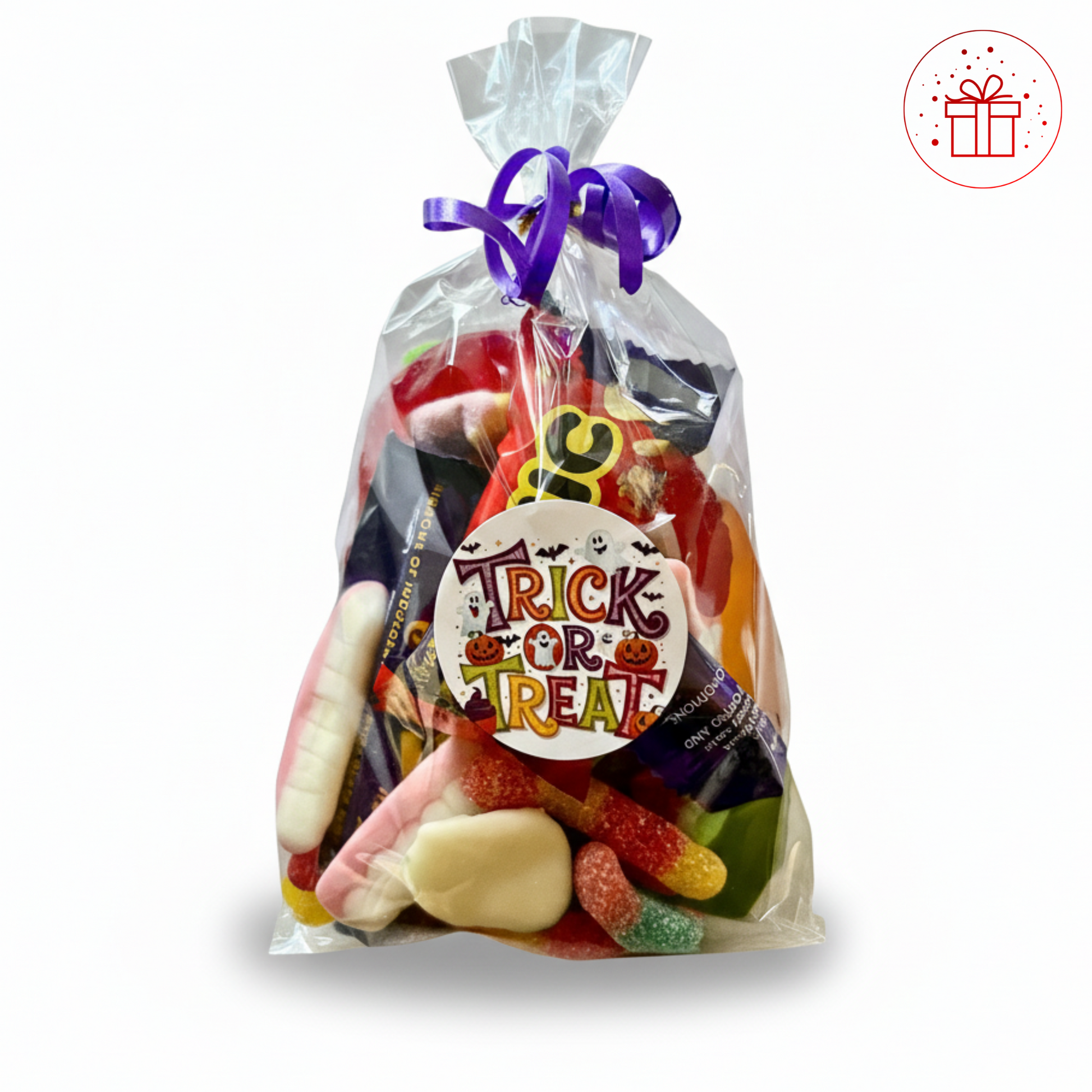 Bag of Halloween-themed candy with a visible 'Trick or Treat' label on a white background.