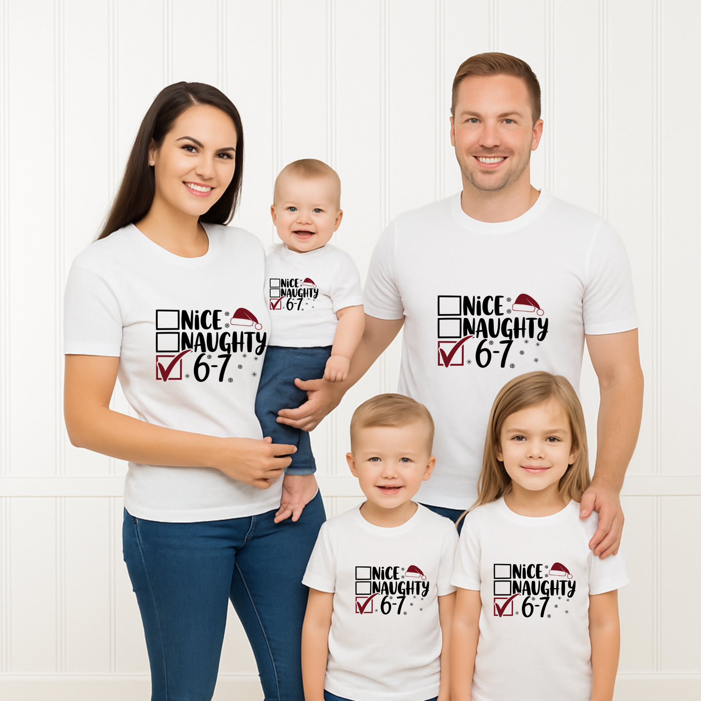 Nice, Naughty or 6–7 Matching Christmas T-Shirts