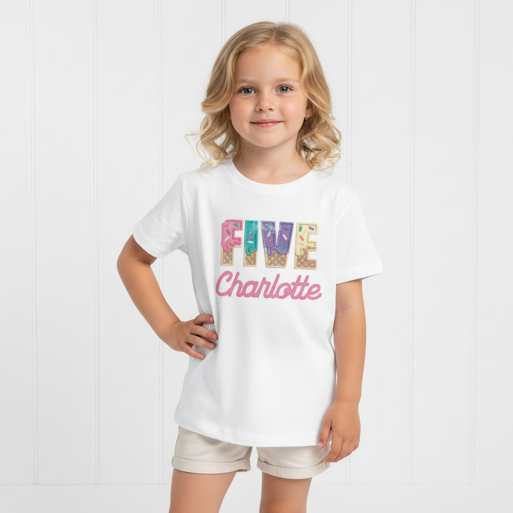 FIFTH Birthday T-Shirt – I Am 5 Ice Cream Waffle Cone Design