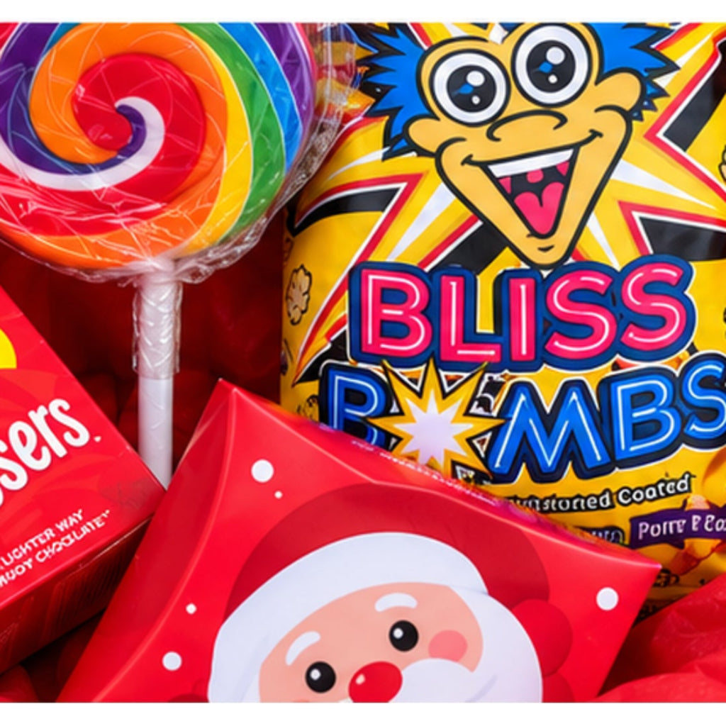 A festive candy gift set featuring an assortment of chocolates,  a rainbow swirl lollipop.