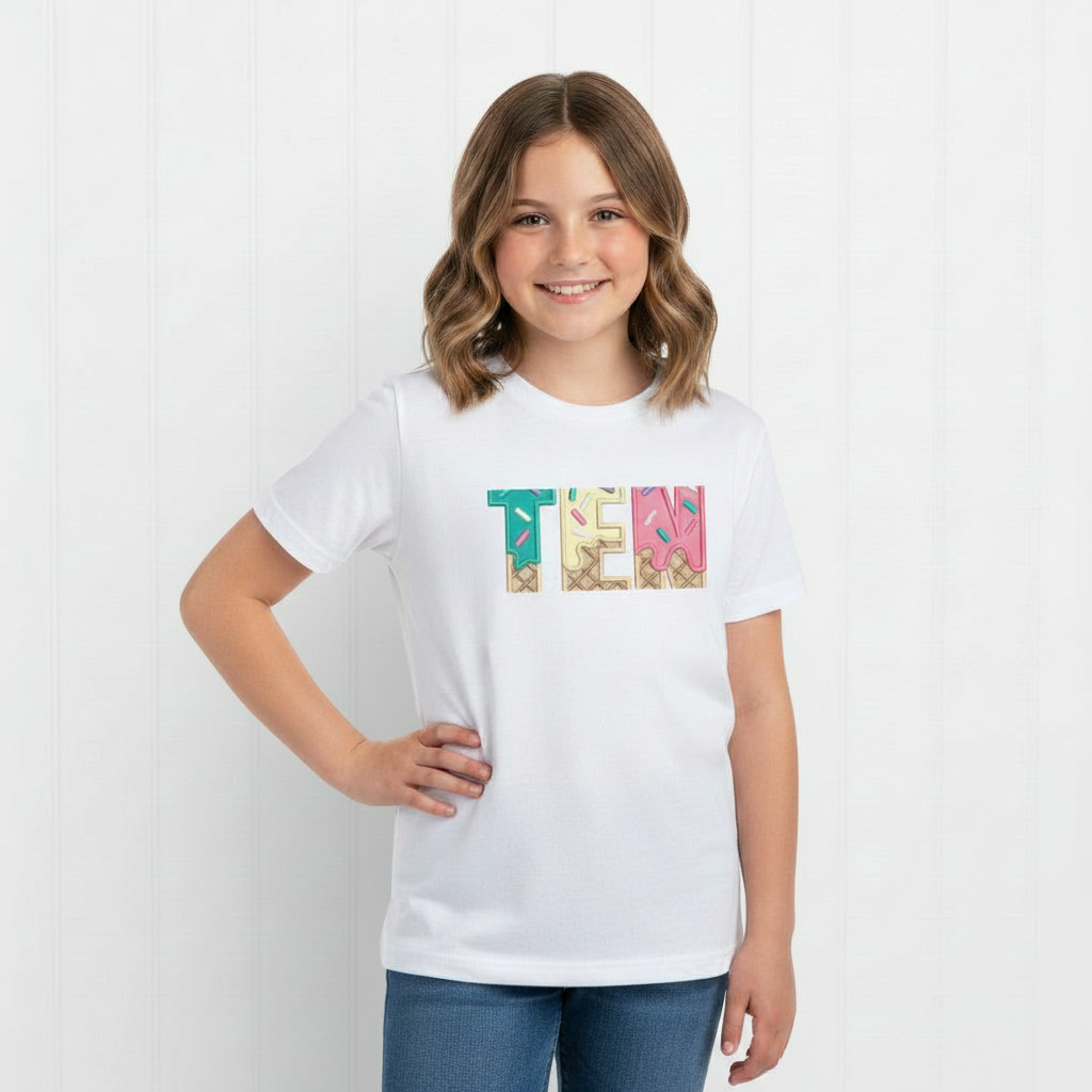 TENTH Birthday T-Shirt – I Am 10 Ice Cream Waffle Cone Design