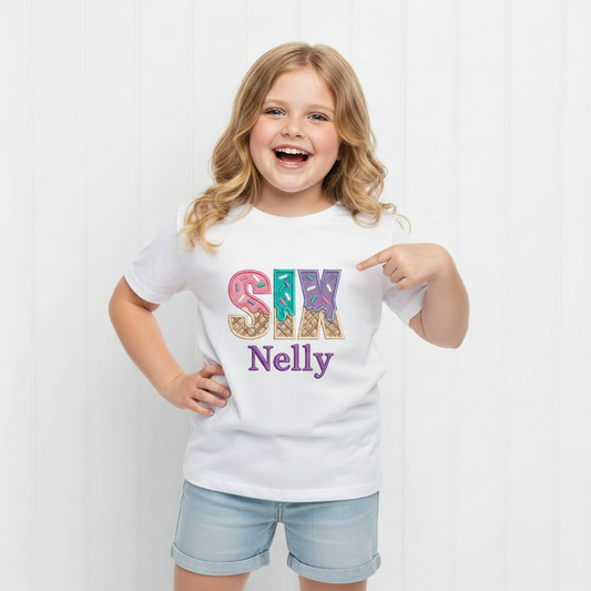 SIXTH Birthday T-Shirt – I Am 6 Ice Cream Waffle Cone Design