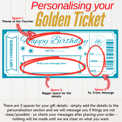 Barcode personalised Golden Ticket Voucher – Custom Gift, Experience or Surprise