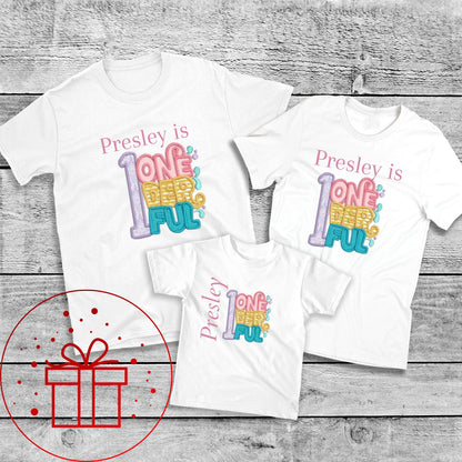 1st Birthday T-shirt, one-der-ful, First, I am One, One, fun age specific writing, kids & family matching styles. Shirts and hoodies