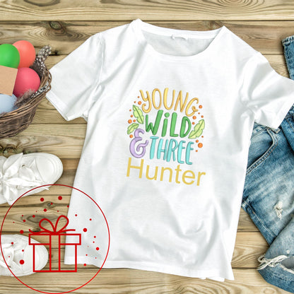 3rd Birthday T-shirt, Young Wild and Three, I am Three, Three, 3, fun age specific writing, kids & family matching styles.