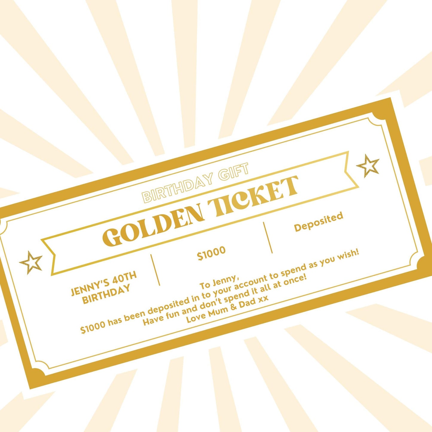 Birthday Golden Ticket, Gift Certificate, Gift Coupon, Gift Voucher, Foiled Gift Voucher, Unisex, Birthday Gift