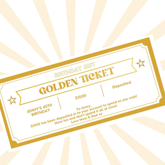Fathers Day Golden Ticket, Mothers Day Golden Ticket, Gift Certificate, Gift Coupon, Gift Voucher, Foiled Gift Voucher, Personalised