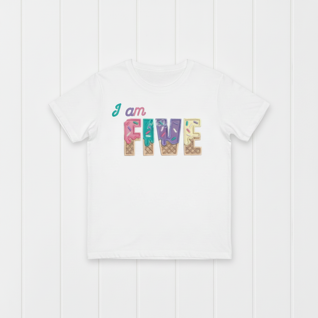 FIFTH Birthday T-Shirt – I Am 5 Ice Cream Waffle Cone Design