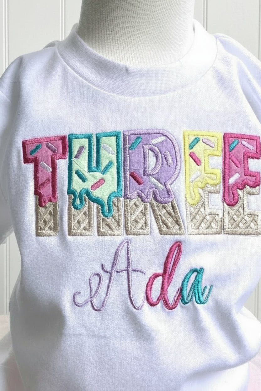 THIRD Birthday T-Shirt – I Am 3 Ice Cream Waffle Cone Design
