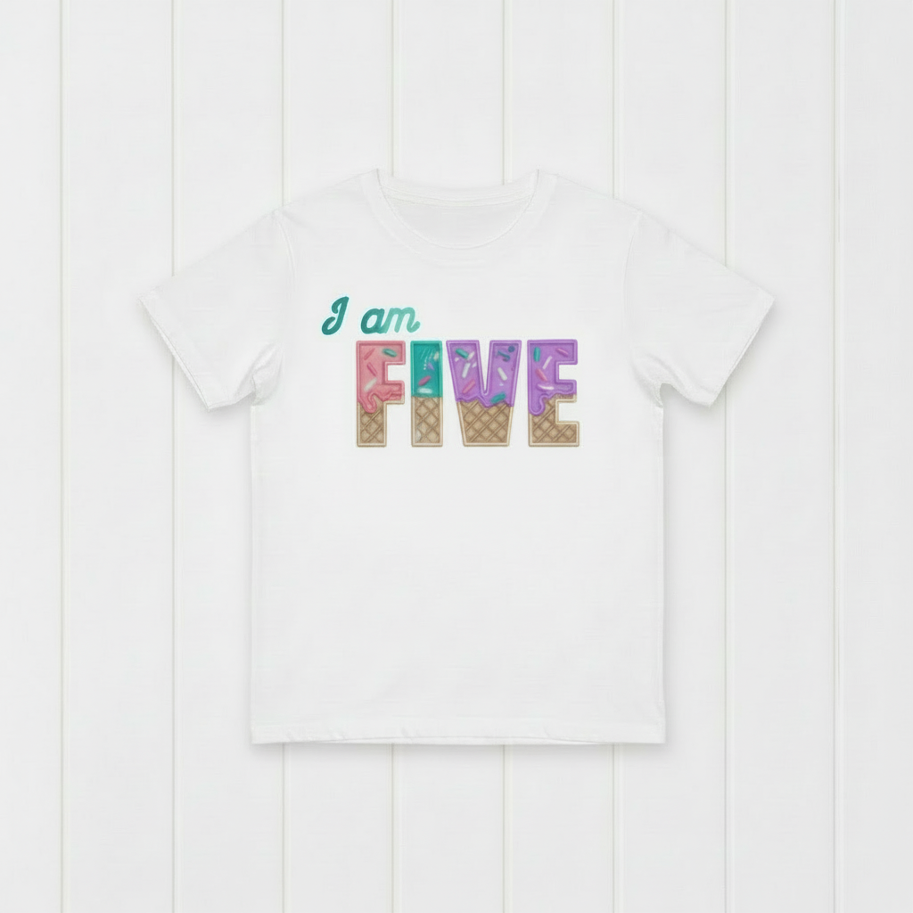 FIFTH Birthday T-Shirt – I Am 5 Ice Cream Waffle Cone Design